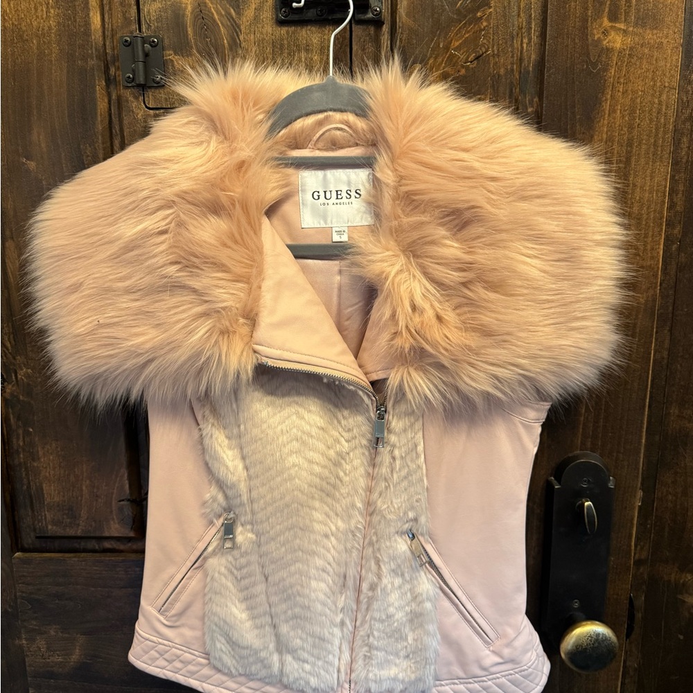 GUESS Blush Pink Faux Fur Collar Vest